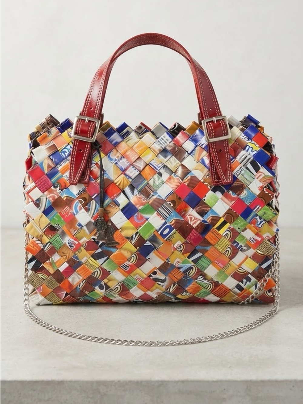 Rare like new Nahui Ollin Multicolor Woven Crossbody Bag with Red Handles
